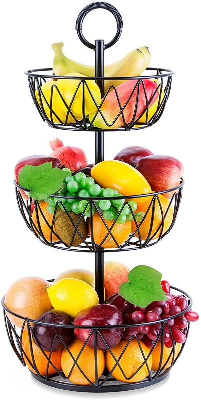 Photo 1 of 3 Tier Fruit Basket - ESEOE Fruits Bowl Storage Vegetable Baskets Stand Metal Fruit Holder for Kitchen Countertop Big Black Fruit Display