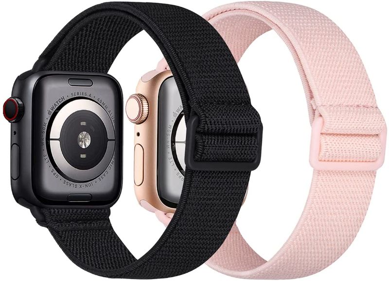 Photo 1 of 2 Pack Sport Nylon Compatible with Apple Watch Bands 41mm 40mm 38mm, Adjustable Lightweight & Breathable Woven Stretches Strap for iWatch Series 7/6/5/4/3/2/1/SE Men Women Black/Pink Sand PACK OF 4
