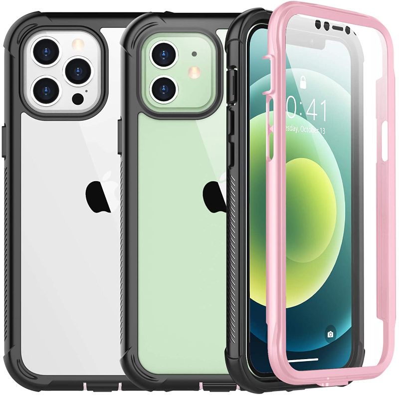 Photo 1 of 2 PACK SPIDERCASE Compatible with iPhone 12/Compatible with iPhone 12 Pro, Protective Case with Built-in Screen Protector, Pink&Black/Clear