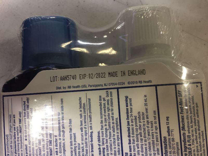 Photo 3 of Mucinex Fast-Max Day Time Cold & Flu and Night Time Cold & Flu Liquid Medicine, 12 fl oz, Maximum Strength All in One Multi Symptom Relief for Congestion, Sore Throat, Headache,Cough and Reduces Fever EXP 2/2022