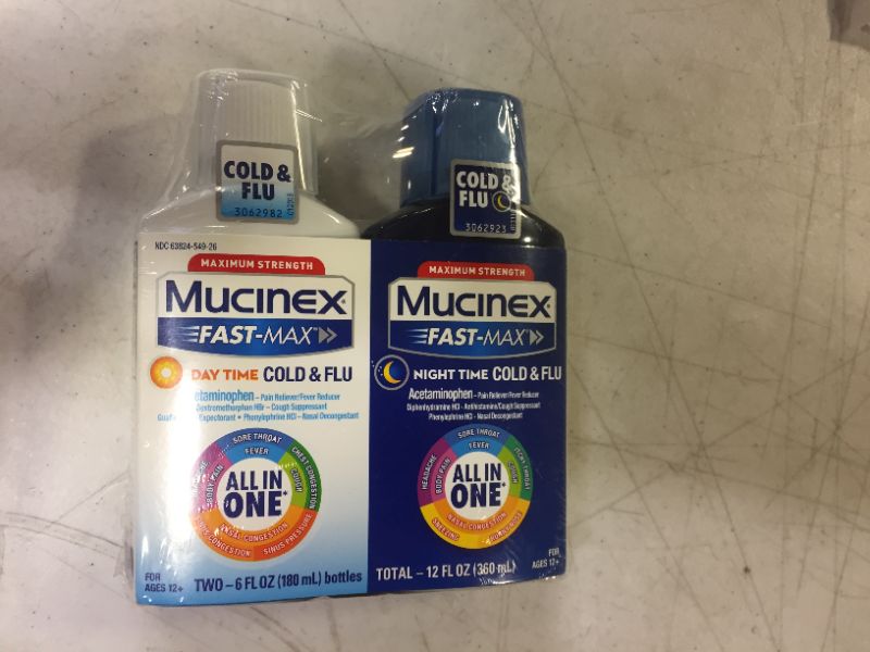 Photo 2 of Mucinex Fast-Max Day Time Cold & Flu and Night Time Cold & Flu Liquid Medicine, 12 fl oz, Maximum Strength All in One Multi Symptom Relief for Congestion, Sore Throat, Headache,Cough and Reduces Fever EXP 2/2022