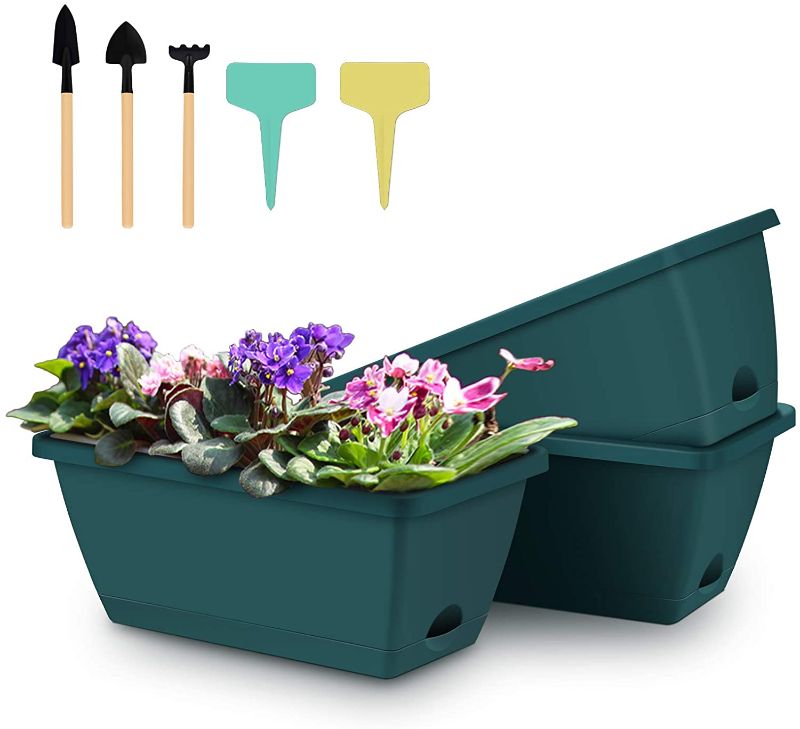 Photo 1 of 3 Packs Window Box Planter, 14 inches Plastic Flower Vegetable Planter Boxes with Plant Label & Garden Tools, Rectangle Planter for Windowsill, Patio, Garden, Indoor Outdoor (Green)