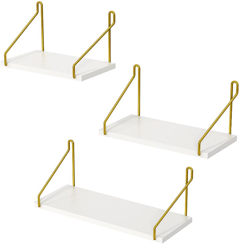 Photo 1 of AMADA HOMEFURNISHING White Floating Shelves Wall Mounted Set of 3, Golden Metal Brackets with Faux Wood, White Wall Shelves for Bedroom, Bathroom, Living Room

