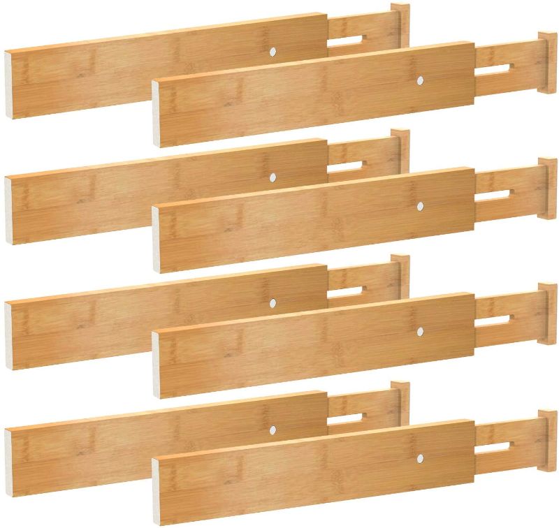 Photo 1 of BMOSU 8 Pack Drawer Dividers Bamboo Separators Organizers Spring (17.52-21.65IN) Adjustable Divider For Drawer Expandable Wood Long Dividers For Kitchen utensils Office Bathroom Bedroom (Natural)
