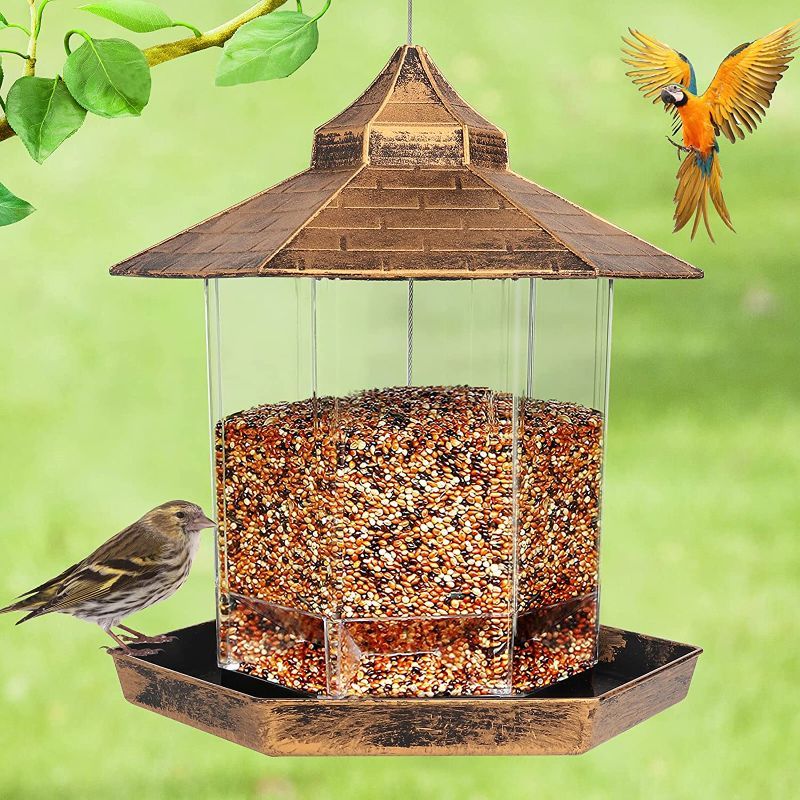Photo 1 of  Hanging Wild Bird Feeder, Outside Decoration -Perfect for Attracting Birds on Outdoor Garden Yard, Hexagon Shaped with Roof Avoid Water (Gold)