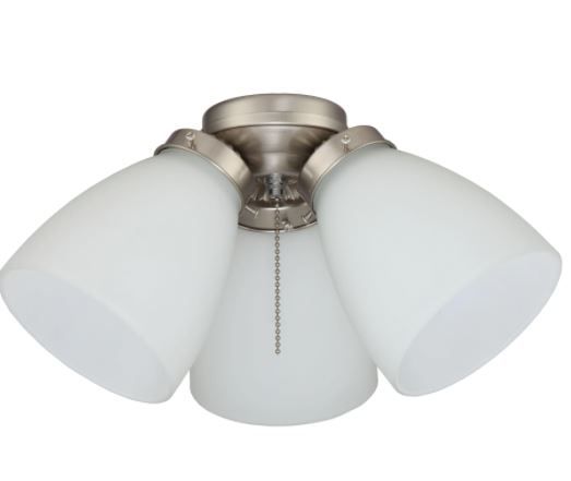 Photo 1 of 3-Light Brushed Nickel Ceiling Fan Shades LED Light Kit--pull string is missing 
