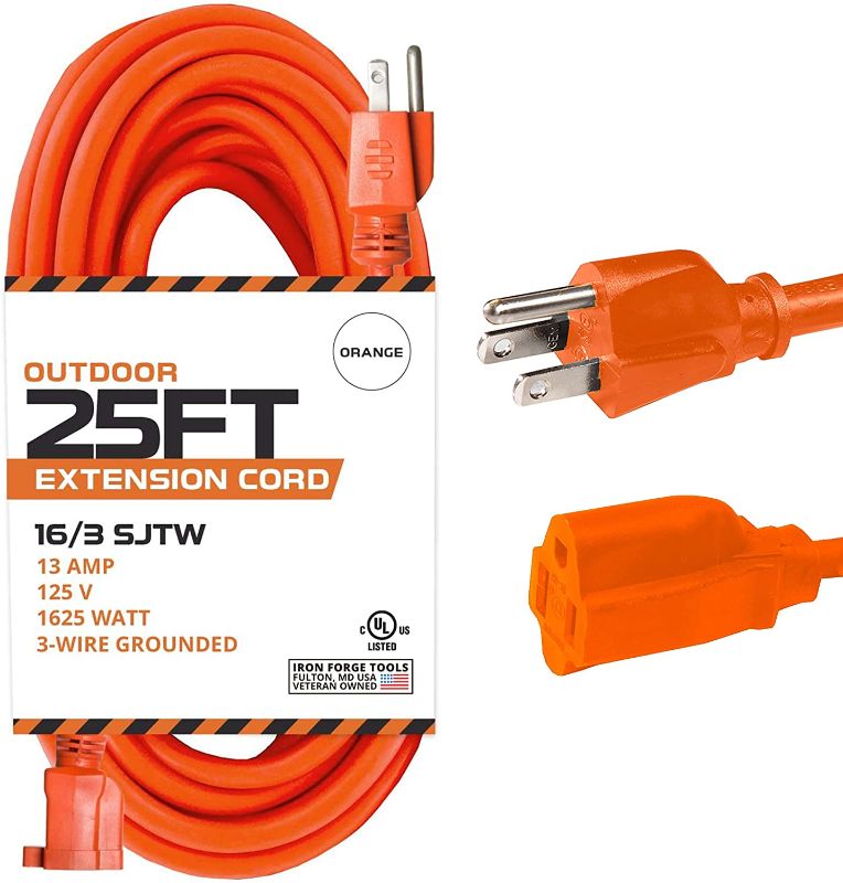 Photo 1 of 25 Ft Orange Extension Cord - 16/3 SJTW Heavy Duty Outdoor Extension Cable with 3 Prong Grounded Plug for Safety - Great for Garden & Major Appliances
