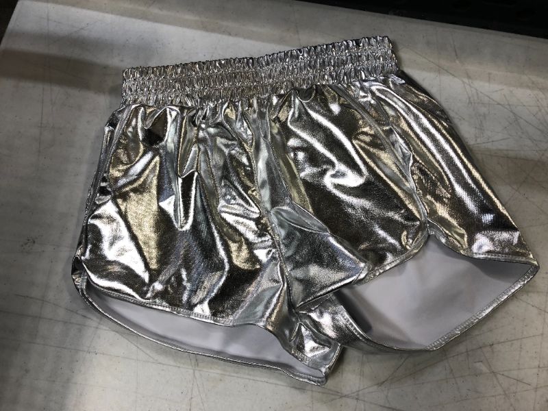 Photo 2 of MAKARTHY Women's Metallic Shorts Elastic Waist Shiny Sparkly Rave Pants