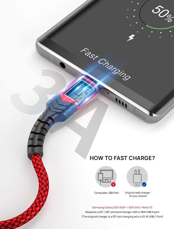 Photo 1 of LISEN USB Type C Cable 3A Fast Charging Charge Braided Cord Compatible with Samsung Galaxy S10 S9 S8 S20 Plus A51 A11,Note 10 9 8, PS5 Controller, USB C Charger-Red