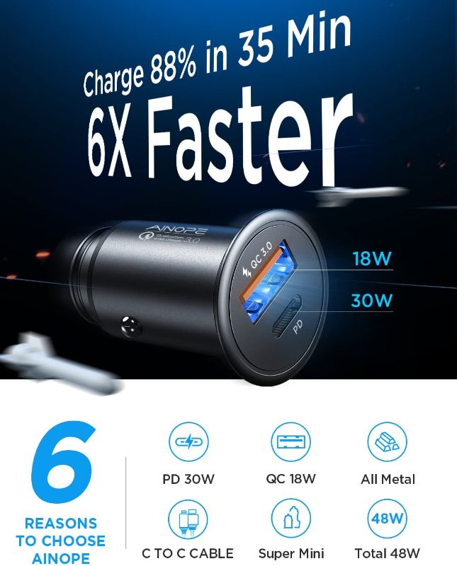 Photo 1 of  USB C Car Charger 48W Super Mini All Metal Fast USB Car Charger Adapter PD&QC 3.0 Dual Port Compatible with iPhone 13 12 11 Pro Max X XR XS 8 Samsung Galaxy Note 20/10 S21/20/10 Google Pixel