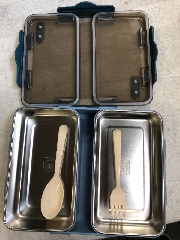 Photo 1 of Bento Box, Genteen On the Go Lunch Box with 2 High Capacity Stainless Steel Trays for Kids or Adults with Dressing Container, Fork and Spoon (Blue, 2 Compartments)
