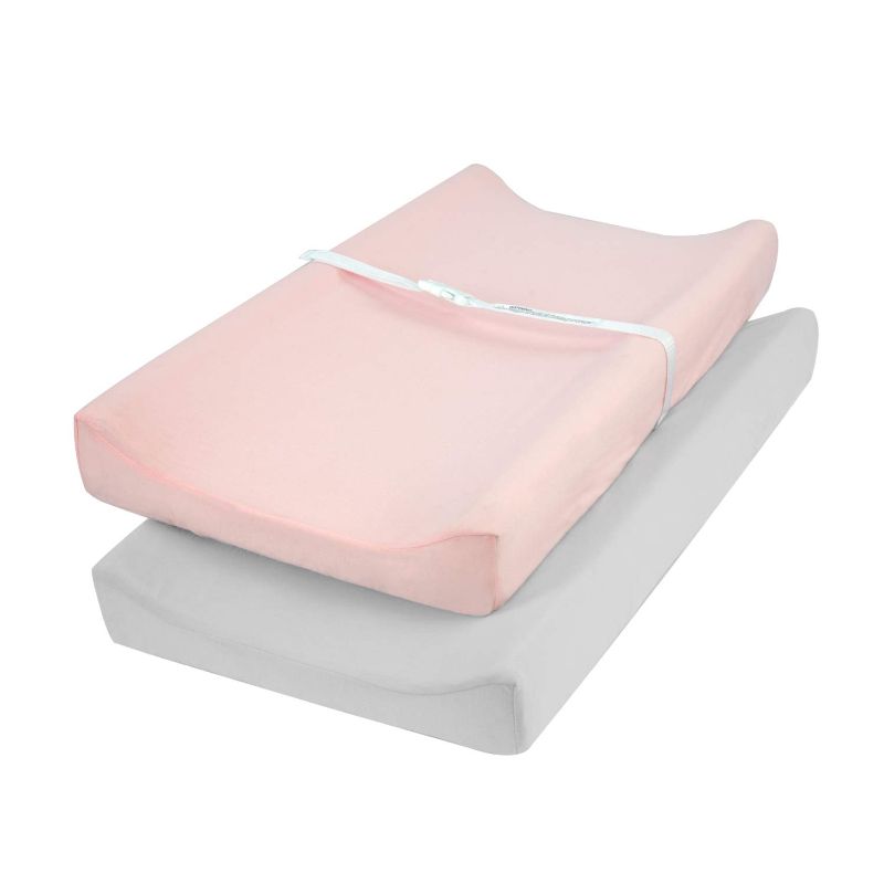 Photo 1 of TILLYOU Jersey Knit Ultra Soft Changing Pad Cover Set, Unisex Diaper Change Table Sheets for Baby Boys Girls, Fit 32"/34''x16" Contoured Pad, Comfy Cozy 2-Pack Cradle Sheets, Peachy Pink & Lt Gray
