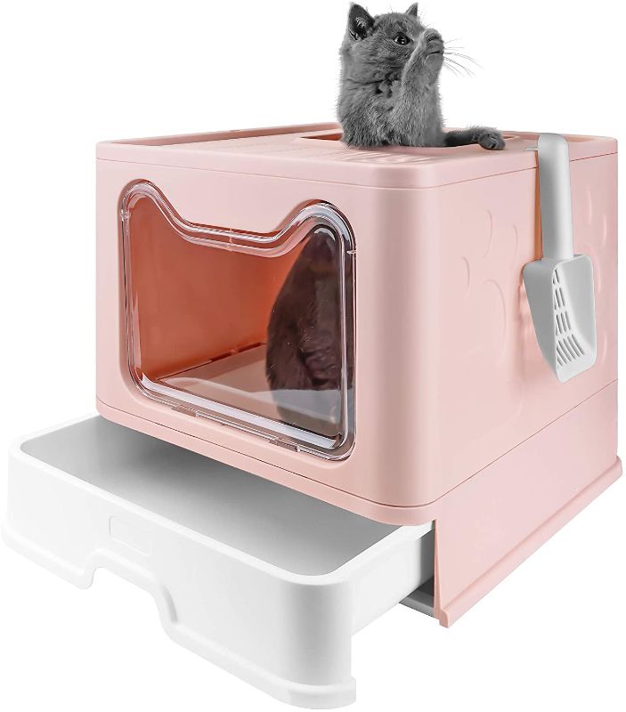 Photo 1 of Bolux Foldable Cat Litter Box with Lid, Extra Large Litter Box with Cat Litter Scoop, Drawer Type Cat Litter Pan Easy to Scoop & Low Tracking ( Gray, 20" L x 16" W x 15" H )
