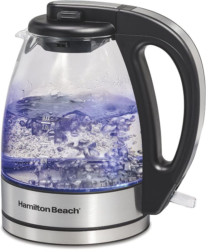 Photo 1 of Hamilton Beach Glass Electric Tea Kettle, Water Boiler & Heater, 1 L, Cordless, LED Indicator, Auto-Shutoff & Boil-Dry Protection (40930), Clear
