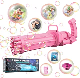 Photo 1 of 2 Pack-Mini Gatling Bubble Machines , Gatling Electric Bubble Gun 8-Hole Huge Amount Bubble Maker Kids Outdoor Toys for Boys and Girls(One Pink and One Black)