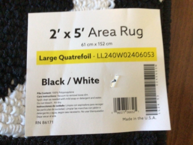 Photo 2 of Area Rug- 2 x 5 ft- Quatrefoil Black and White