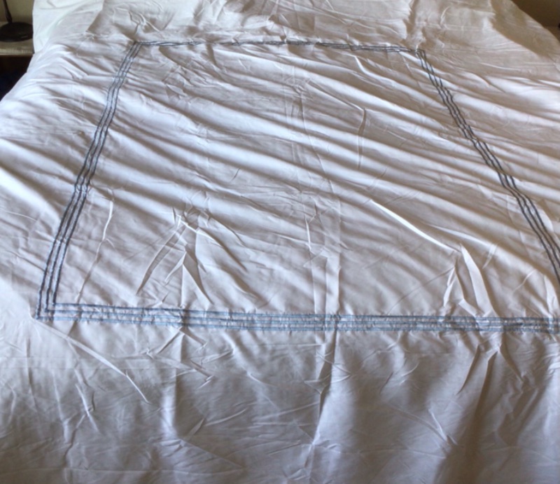 Photo 2 of Amazon Basics Duvet Cover and 2 Pillow Cases- White with Blue Gray Lines Around the Edges- 104 x 88 inches