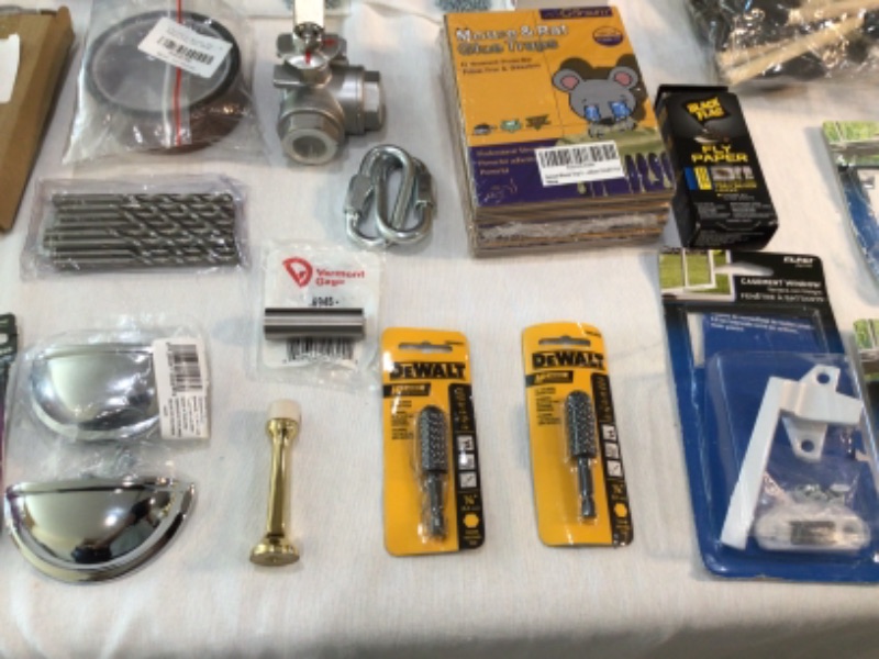 Photo 14 of Bundle of Assorted Hardware Store Items Wall Plates for Electrical Outlets, Wall Switches, Dewalt Rotary Rasp Bit, Mouse Trap, Drill Bits, Drawer Handles, Window Latches, Mailbox Mounting Board, Water Bandit, Door Handle many more items.