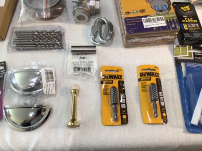 Photo 8 of Bundle of Assorted Hardware Store Items Wall Plates for Electrical Outlets, Wall Switches, Dewalt Rotary Rasp Bit, Mouse Trap, Drill Bits, Drawer Handles, Window Latches, Mailbox Mounting Board, Water Bandit, Door Handle many more items.