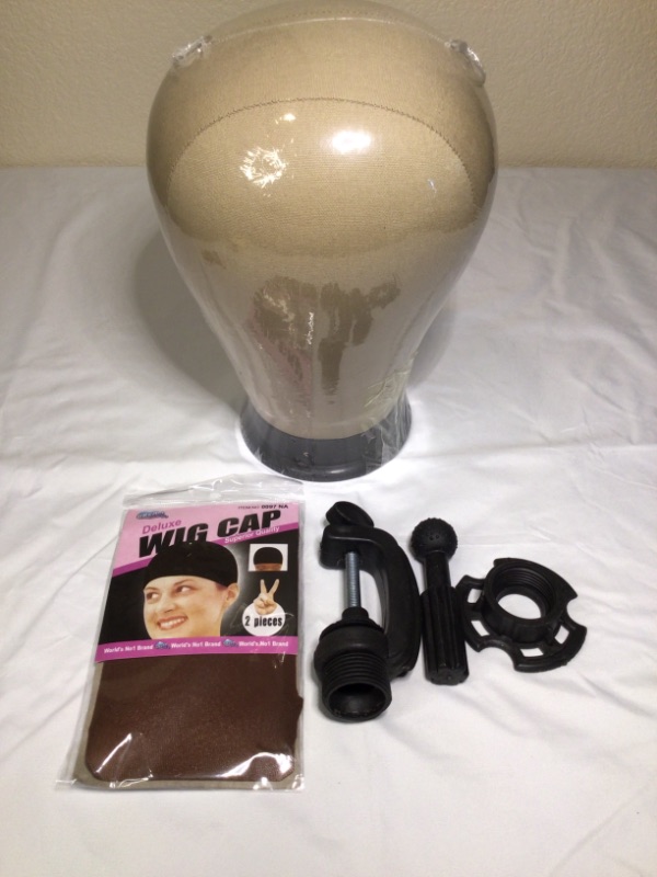 Photo 2 of 22 Inch Wig Head Cork Canvas Mannequin Head with Stand for Wigs Making With Mount Hole  