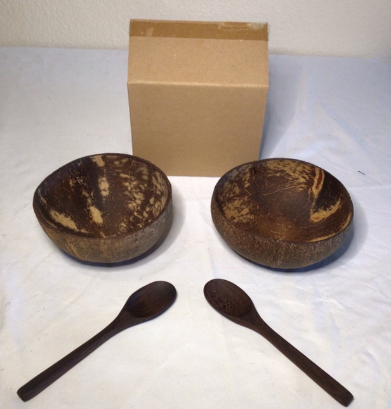 Photo 1 of Coconut Bowl with Wooden Spoons Gift Set - Premium Coconut Bowls for your Smoothie, Acai, Salad, Buddha Bowl, Vegan, Eco-Friendly, Handmade by Artisans, Set of 2, Natural Coconuts, Polished Shells