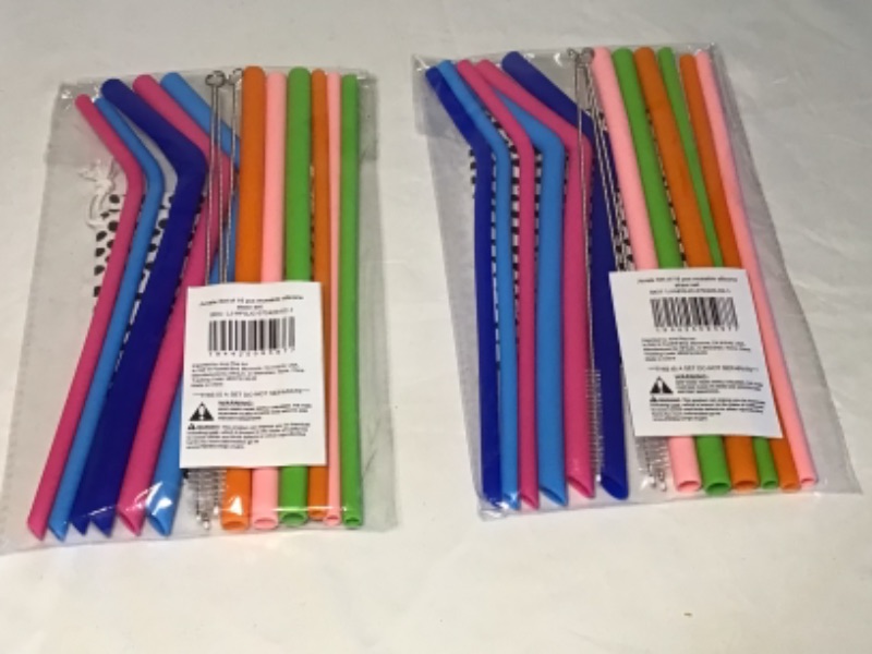 Photo 1 of 2 Packages- Each Package a Set of 12 Reusable Silicone Straws plus Cleaning Brushes and Storage Bag