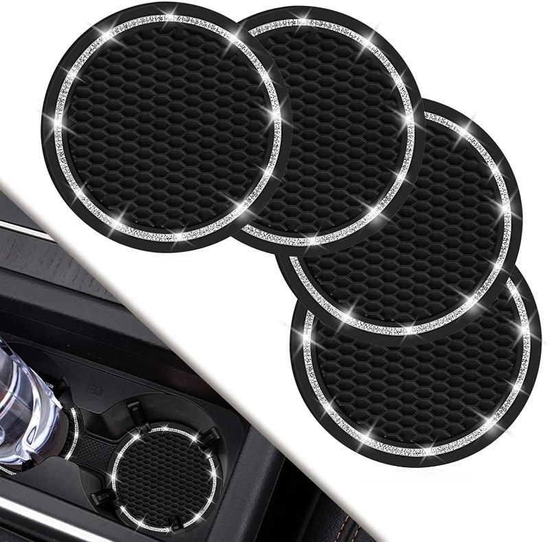 Photo 1 of 2 Packages-Car Coasters, 4 Pack Universal Vehicle Bling Car Coaster, COCASES Crystal Rhinestone Coaster for Cup Holders, Car Interior Accessories 2.75'' Silicone Anti Slip Car Coasters for Women ( Black )-8 Coasters total.