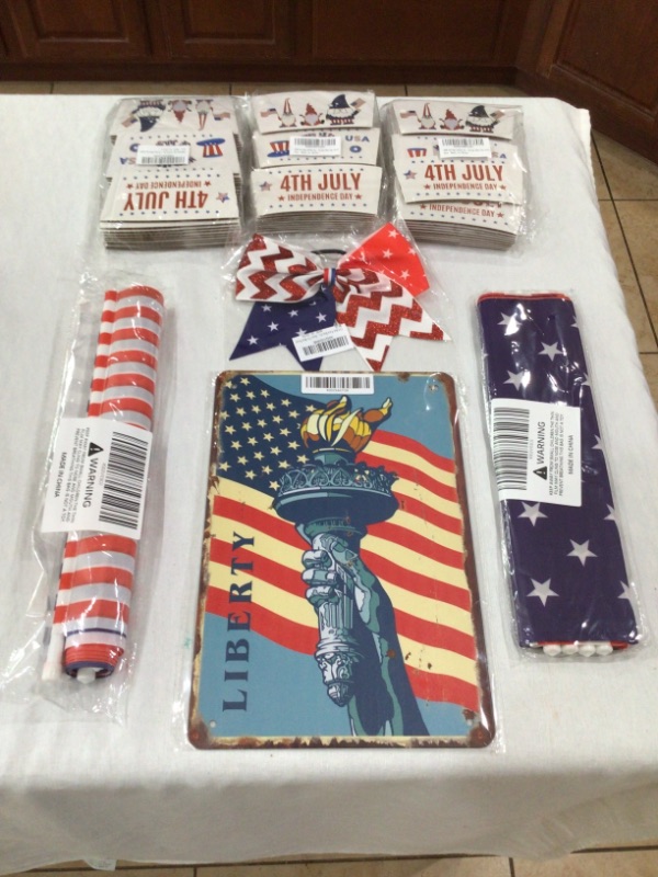 Photo 1 of 4th of July Party Bundle- 4th Coffee Cup Jackets 3 Packages 30 each Package, Liberty Sign for Wall, Uncle Sam Door Banner, Flag Door Banner, Flag Themed Wrist Decoration 