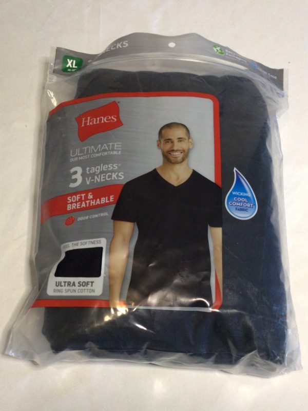 Photo 2 of Hanes Men's Cotton Nano V-Neck T-Shirt,Black,3 Pack- Black- XL 46-48