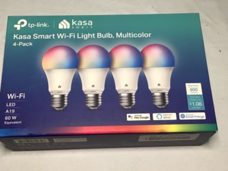 Photo 1 of Kasa Smart Light Bulbs, Full Color Changing Dimmable Smart WiFi Bulbs Compatible with Alexa and Google Home, A19, 9W 800 Lumens,2.4Ghz only, 60 Watt Equivalent-No Hub Required, 4-Pack, multicolor (KL125P4)