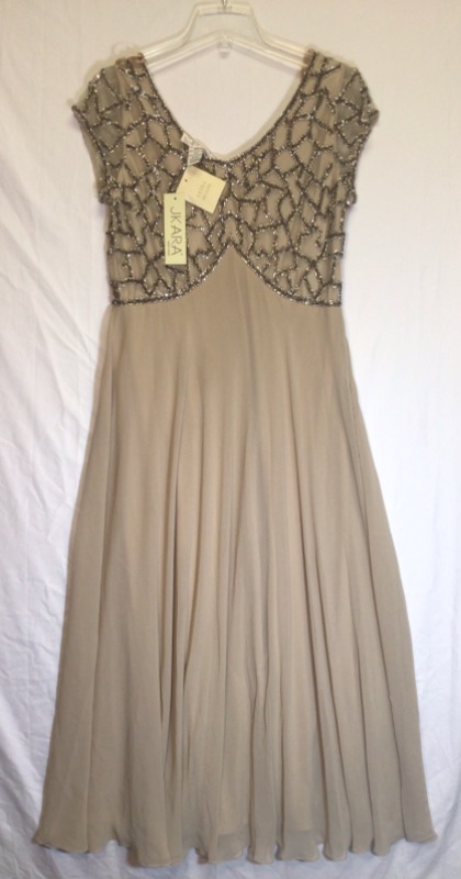 Photo 3 of J Kara Women's Short Sleeve Geo Long Beaded Gown-Camel/Mercury/Silver- Size 14P