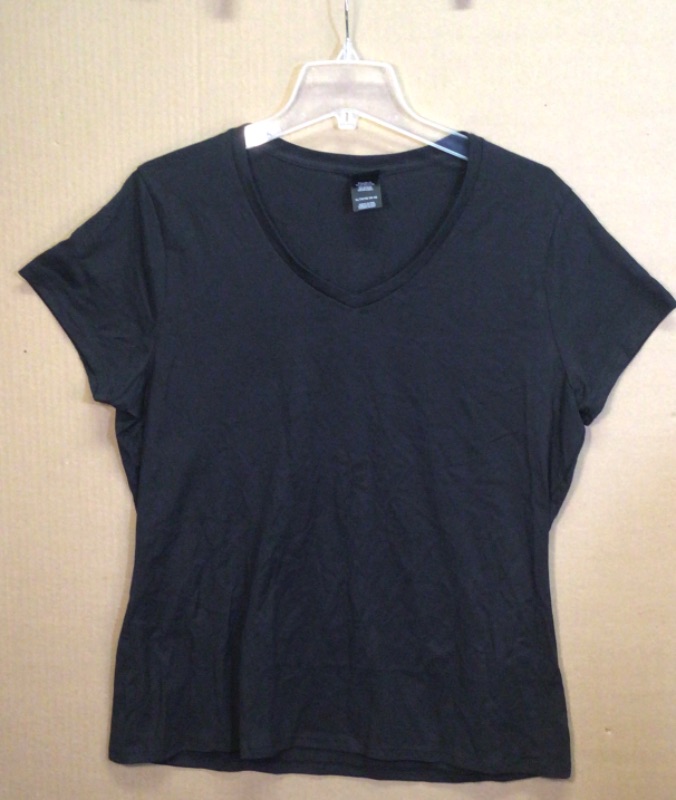 Photo 1 of Women's XLarge Clothes- 2 Items- 1) Hanes V Neck Black Short Sleeve TShirt- 2) Padded Sports Bra-Black. Both are XLarge
