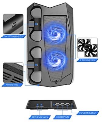 Photo 4 of Vertical Stand with Cooling Fan for PlayStation 5 Digital Edition/PS5 Ultra HD, 2 Dock Controller Charging Station for PS5 DualSense Controller, 3 USB Ports, Cooling System for PS