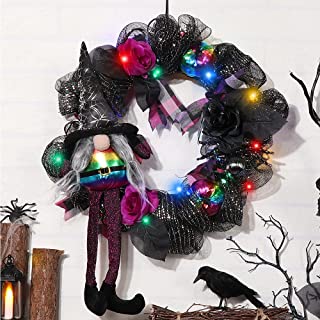 Photo 3 of Artificial Wreath Halloween Witch Gnome Wreath with Light 15 Inches Mesh Wreath with Spider and Pumpkin for Front Door Hanging Wall Window Home Decorations