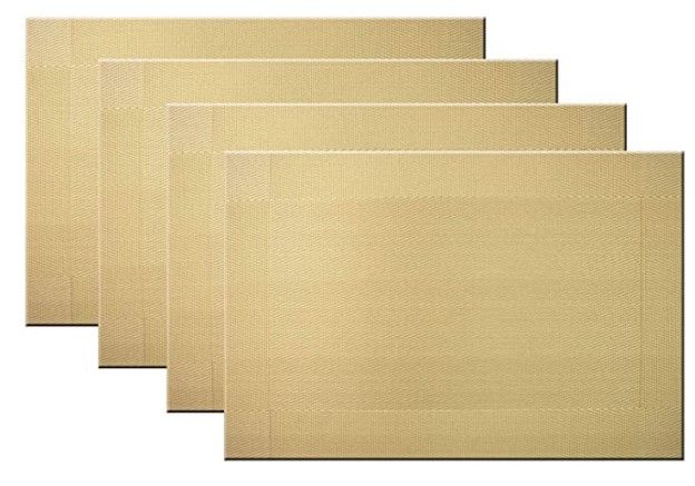 Photo 1 of 2 Packages-Placemats Washable Plastic Placemats Wipe Clean for Kitchen Table Heat-resistand Woven Vinyl Outdoor Table Mats 12x18 inches Set of 6 in each Package-12 Total?Gold)