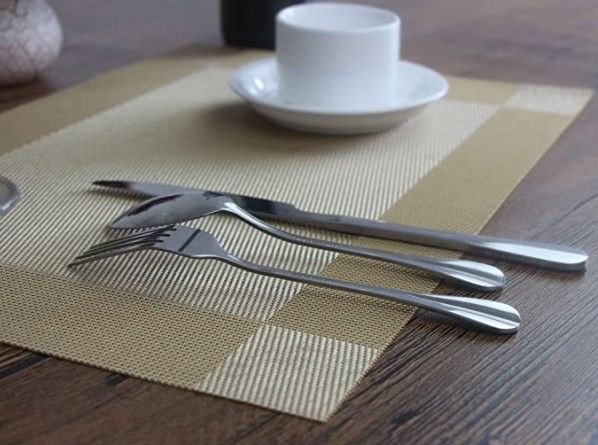 Photo 2 of 2 Packages-Placemats Washable Plastic Placemats Wipe Clean for Kitchen Table Heat-resistand Woven Vinyl Outdoor Table Mats 12x18 inches Set of 6 in each Package-12 Total?Gold)