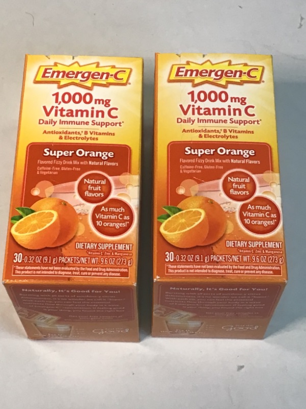 Photo 2 of 2 Boxes- 30 Count per Box-Emergen-C 1000mg Vitamin C Powder, with Antioxidants, B Vitamins and Electrolytes, Vitamin C Supplements for Immune Support, Caffeine Free Fizzy Drink Mix, Super Orange Flavor - 60 Count Total