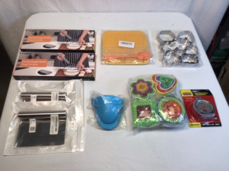 Photo 1 of Baking, Kitchen Bundle-
Danish Dough Whisks (2), Pro Dough Pastry Scrapers (2), 2 Pair Mini Silicone Oven Mitts,  Plastic and Metal Cookie Cutters (pack of 40),  8 Pc Metal Cookie Cutters, Rubbermaid Oven Thermometer, 

