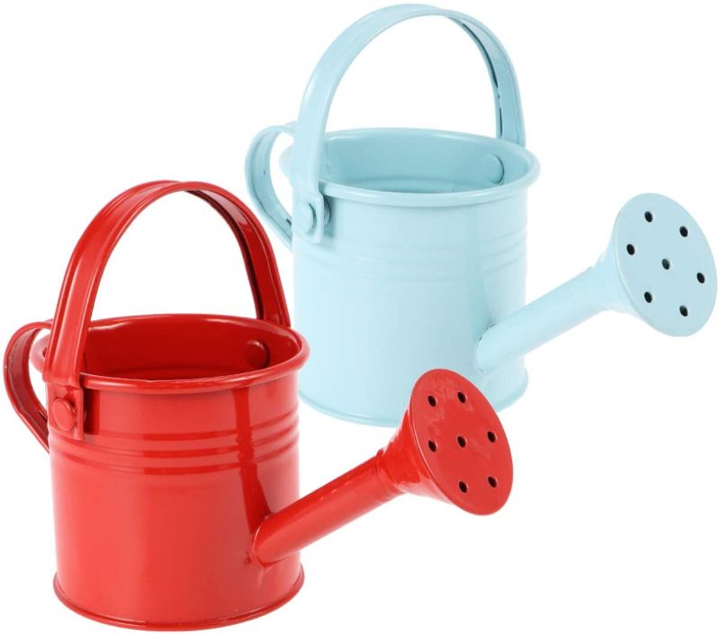 Photo 2 of Cabilock 2pcs Metal Watering Can Small Child Sized Garden Watering Pot Watering Kettle Flower Water Sprayer Bottle for Garden Home Plants Flower Red and Light Blue