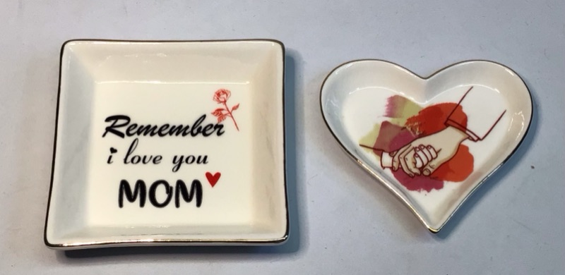 Photo 1 of Gift for Mom- Two Porcelain Pieces- Small Square Shallow Dish with Inscription REMEMBER I LOVE YOU MOM and a Heart Shaped Dish with Drawing of Hand Holding