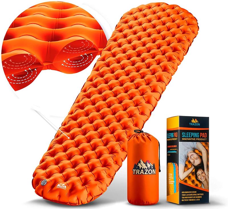 Photo 2 of Camping Sleeping Pad - Mat, (Large), Ultralight Best Sleeping Pads for Backpacking, Hiking Air Mattress - Lightweight, Inflatable & Compact, Camp Sleep Pad (Orange)