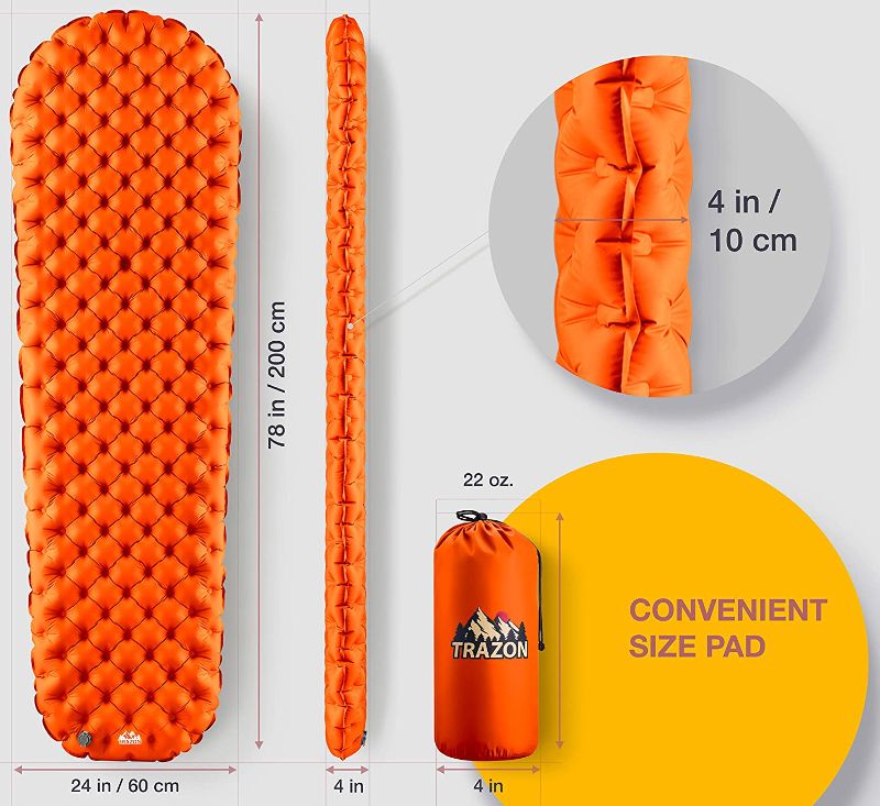 Photo 4 of Camping Sleeping Pad - Mat, (Large), Ultralight Best Sleeping Pads for Backpacking, Hiking Air Mattress - Lightweight, Inflatable & Compact, Camp Sleep Pad (Orange)