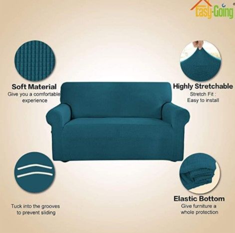 Photo 2 of Easy-Going Stretch Sofa Slipcover 1-Piece Sofa Cover Furniture Protector Couch Soft with Elastic Bottom Anti-Slip Foam Kids, Spandex Jacquard Fabric Small Checks(loveseat,Peacock Blue)