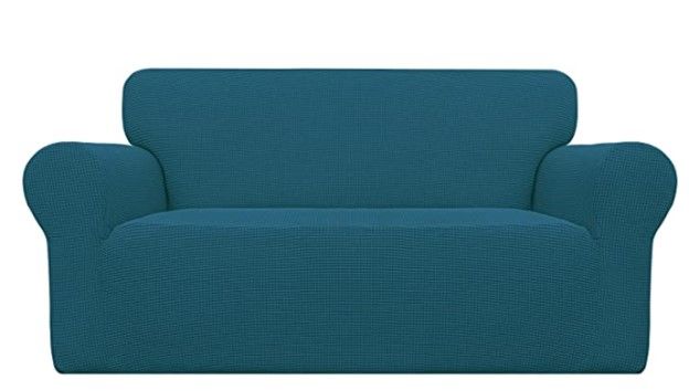 Photo 1 of Easy-Going Stretch Sofa Slipcover 1-Piece Sofa Cover Furniture Protector Couch Soft with Elastic Bottom Anti-Slip Foam Kids, Spandex Jacquard Fabric Small Checks(loveseat,Peacock Blue)