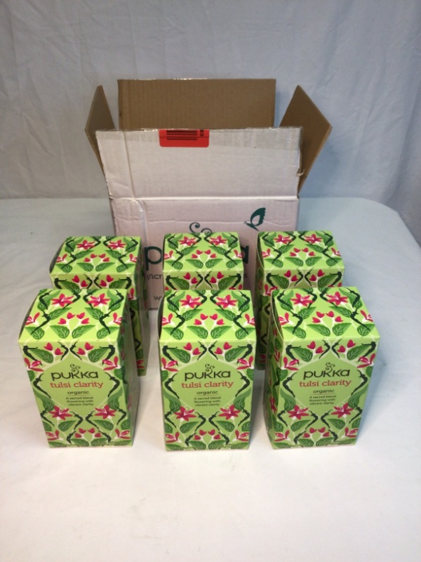 Photo 2 of 6 boxes-Pukka Herbs, Organic Tulsi Clarity, Caffeine-Free, 20 Herbal Tea Sachets per Box, 1.27 oz (36 g) Pukka Herbs, Organic Tulsi Clarity, Caffeine-Free, 20 Herbal Tea Sachets per Box 1.27 oz (36 g) 
