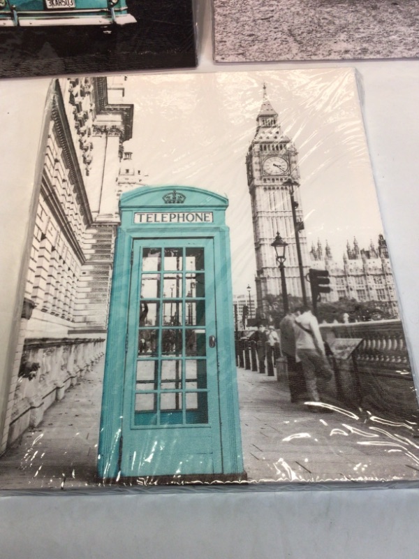 Photo 2 of Canvas Wall Art- 3 Pieces-London Themed- Big Ben and Phone Booth, Scooter, Ford Auto- Aqua and Black&White- 12 x 16 inches
