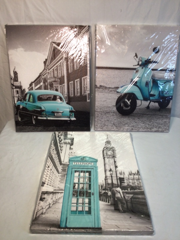 Photo 1 of Canvas Wall Art- 3 Pieces-London Themed- Big Ben and Phone Booth, Scooter, Ford Auto- Aqua and Black&White- 12 x 16 inches