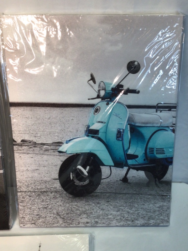 Photo 3 of Canvas Wall Art- 3 Pieces-London Themed- Big Ben and Phone Booth, Scooter, Ford Auto- Aqua and Black&White- 12 x 16 inches