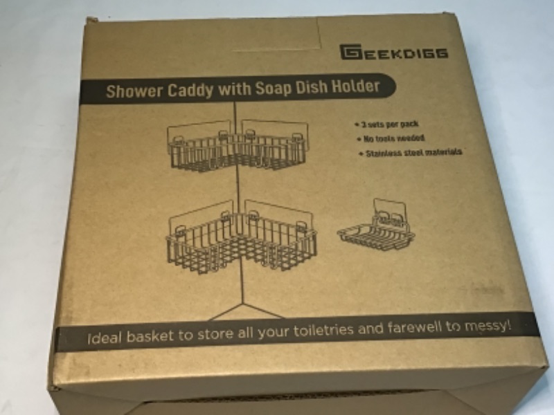 Photo 3 of Geekdigg Corner Shower Caddy 3-Pack, Wall Mounted Bathroom Shelf, plus Soap Holder 304 Stainless Steel Wide Space Shower Shelf with Adhesive, Hanging Storage Organizer Strong and Sturdy for Kitchen (Black)