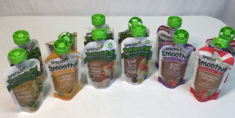 Photo 1 of Sprout Baby Food- 12 Pouches- 8 Flavors/Kinds- 2 BerryGrape with Coconut Milk, 2 Strawberry Banana with Yogurt, 2 Kiwi with SuperBlend Banana & Spinach, 2 Strawberry w SuperBlend Banana & Butternut Squash, 2 Peach Banana w Yogurt Veggie & Flaxseed, 1 Pear